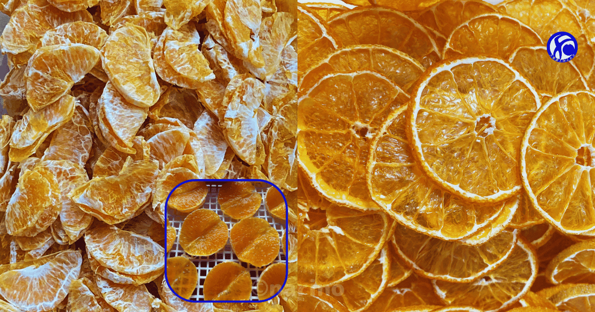 乾燥させたオレンジが画面いっぱいに広がり、鮮やかなオレンジ色が食欲をそそります。左側には乾燥途中のオレンジの房が、右側にはスライスされたドライオレンジが並べられ、その加工過程が垣間見えます。特に右側のドライオレンジは、光に透けて美しく、自然の恵みを感じさせる一枚です。