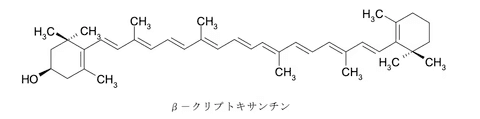 β-クリプトキサンチンの化学構造式が描かれています。鮮やかな線で構成された分子構造は、科学的な印象を与えます。この画像は、β-クリプトキサンチンの詳細な構造を理解するための資料として役立ちます。